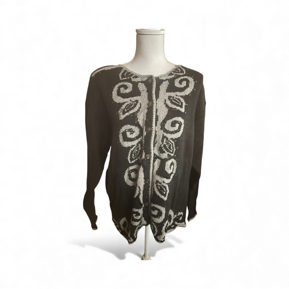 ✨ SNJ Design Black & Silver with Black Sequins Holiday Cardigan – Size Medium ✨